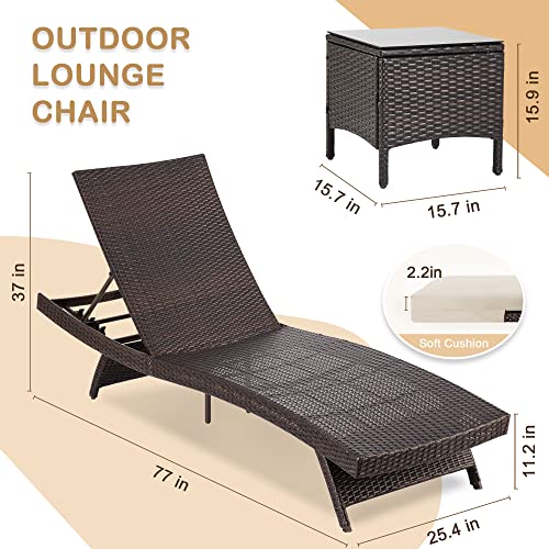 Pamapic Patio Chaise Lounge Set 3 Pieces, Outdoor Pool Lounge Chair with Adjustable Backrest and Thickened Cushion, Patio Lounge Chair Set for Poolside Backyard Garden