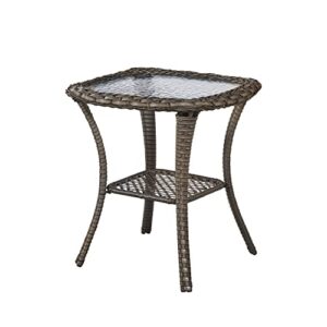 patio tables wicker side table – rattan end table with glass top for outdoor outside patio porch deck square mixed-grey