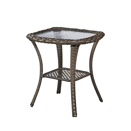 Patio Tables Wicker Side Table - Rattan End Table with Glass Top for Outdoor Outside Patio Porch Deck Square Mixed-Grey