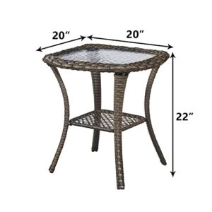 Patio Tables Wicker Side Table - Rattan End Table with Glass Top for Outdoor Outside Patio Porch Deck Square Mixed-Grey