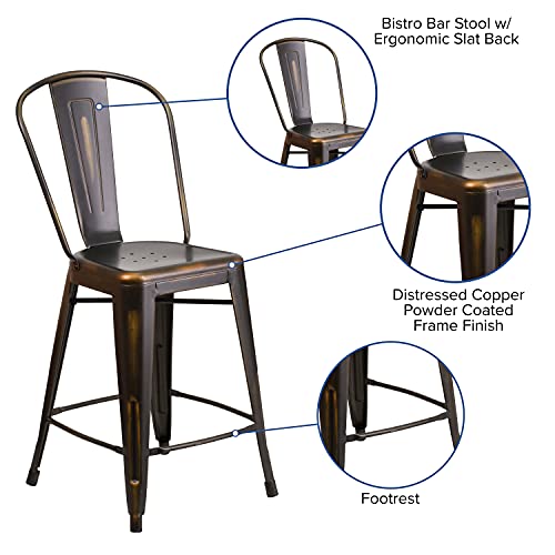 EMMA + OLIVER Commercial Grade 24" H Distressed Copper Metal Indoor-Outdoor Counter Stool