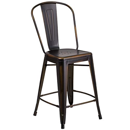 EMMA + OLIVER Commercial Grade 24" H Distressed Copper Metal Indoor-Outdoor Counter Stool