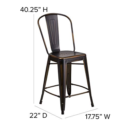 EMMA + OLIVER Commercial Grade 24" H Distressed Copper Metal Indoor-Outdoor Counter Stool