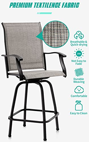 JINLLY Outdoor Swivel Bar Stools Set of 4, Patio Height Bar Stool Chairs with Metal Frame and Textilene Fabric, 30 Inch Garden Counter Height Swivel Bistro High Barstools, Grey