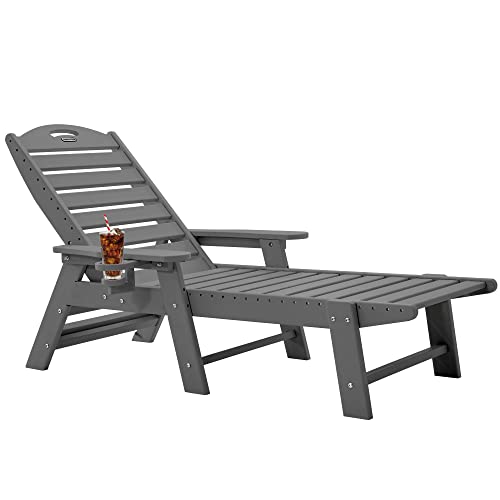 Chaise Lounge for Outdoor, Patio Lounge Chairs for Outside, Chaise Lounge Chair with 6 Positions, HDPE Lounge Chair with Cup Holder for Pool Poolside Deck Backyard Lawn, Grey