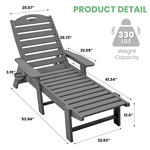 Chaise Lounge for Outdoor, Patio Lounge Chairs for Outside, Chaise Lounge Chair with 6 Positions, HDPE Lounge Chair with Cup Holder for Pool Poolside Deck Backyard Lawn, Grey