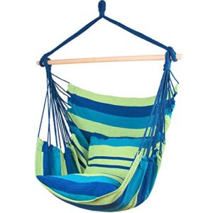 ankwell hammock chair hanging rope swing seat – 2 cushions included – max 330 lbs – quality cotton weave for indoor or outdoor spaces (green-blue)