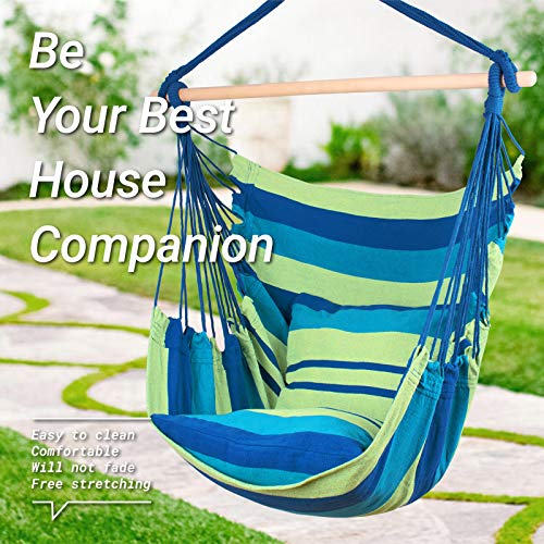 Ankwell Hammock Chair Hanging Rope Swing Seat - 2 Cushions Included - Max 330 Lbs - Quality Cotton Weave for Indoor or Outdoor Spaces (Green-Blue)