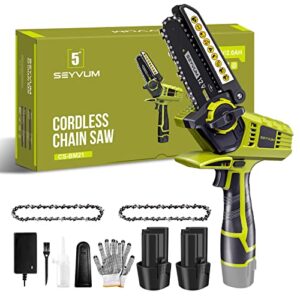 seyvum mini chainsaw with 2 batteries 2 chains, portable electric chainsaw cordless handheld small power chain saws with security lock, hand saw for trees trimming branch wood cutting