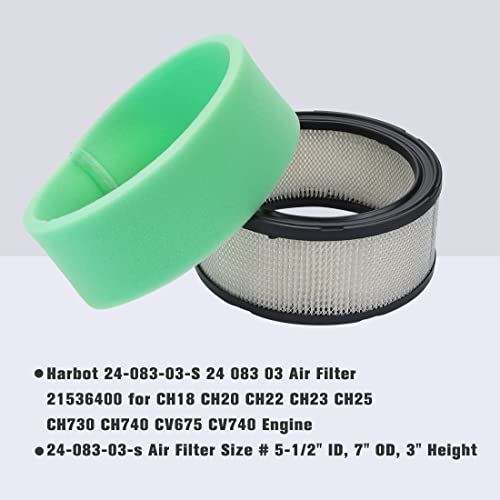 Harbot 24 083 03-S Air Filter with 24 083 05-S Pre Filter 21536400 for Kohler CH18 CH20 CH22 CH23 CH25 CH730 CV18-CV25 CH740 CV675 CV740 Kohler Command Air Filter