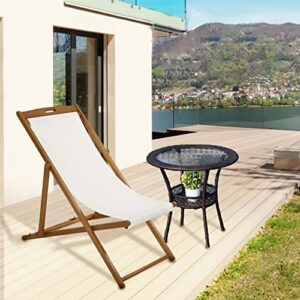Beach Sling Chair Set of 2, Outdoor Folding Wood Beach Chair with White Polyester Canvas, 3 Level Adjustable Height Patio Lounge Chair