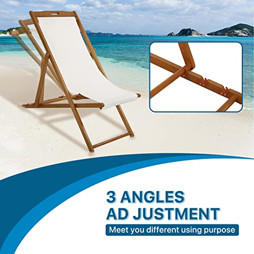 Beach Sling Chair Set of 2, Outdoor Folding Wood Beach Chair with White Polyester Canvas, 3 Level Adjustable Height Patio Lounge Chair