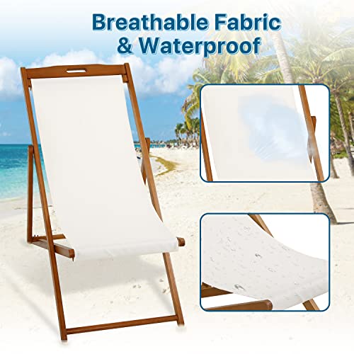 Beach Sling Chair Set of 2, Outdoor Folding Wood Beach Chair with White Polyester Canvas, 3 Level Adjustable Height Patio Lounge Chair