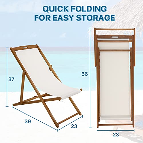 Beach Sling Chair Set of 2, Outdoor Folding Wood Beach Chair with White Polyester Canvas, 3 Level Adjustable Height Patio Lounge Chair