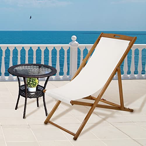 Beach Sling Chair Set of 2, Outdoor Folding Wood Beach Chair with White Polyester Canvas, 3 Level Adjustable Height Patio Lounge Chair