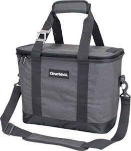 clevermade collapsible cooler bag with shoulder strap: insulated leakproof 30 can portable soft beverage-tote with bottle opener for camping, lunch, beach, picnic; grey/charcoal