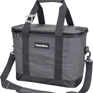 CleverMade Collapsible Cooler Bag with Shoulder Strap: Insulated Leakproof 30 Can Portable Soft Beverage-Tote with Bottle Opener for Camping, Lunch, Beach, Picnic; Grey/Charcoal