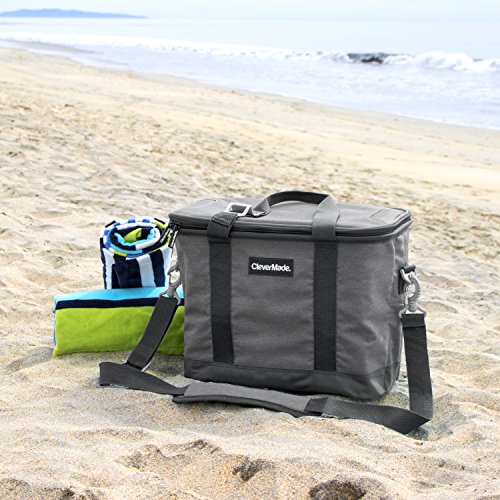 CleverMade Collapsible Cooler Bag with Shoulder Strap: Insulated Leakproof 30 Can Portable Soft Beverage-Tote with Bottle Opener for Camping, Lunch, Beach, Picnic; Grey/Charcoal