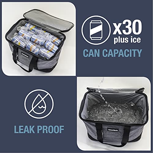 CleverMade Collapsible Cooler Bag with Shoulder Strap: Insulated Leakproof 30 Can Portable Soft Beverage-Tote with Bottle Opener for Camping, Lunch, Beach, Picnic; Grey/Charcoal
