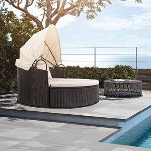 Devoko Patio Furniture Outdoor Round Daybed with Retractable Canopy Wicker Rattan Separated Seating Sectional Sofa for Patio Lawn Garden Backyard Porch Pool