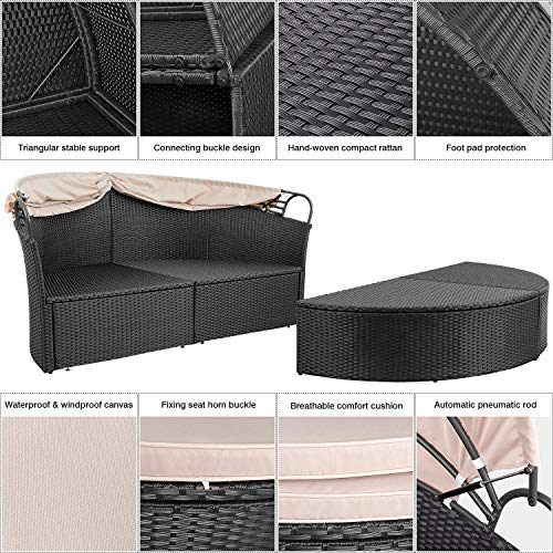 Devoko Patio Furniture Outdoor Round Daybed with Retractable Canopy Wicker Rattan Separated Seating Sectional Sofa for Patio Lawn Garden Backyard Porch Pool