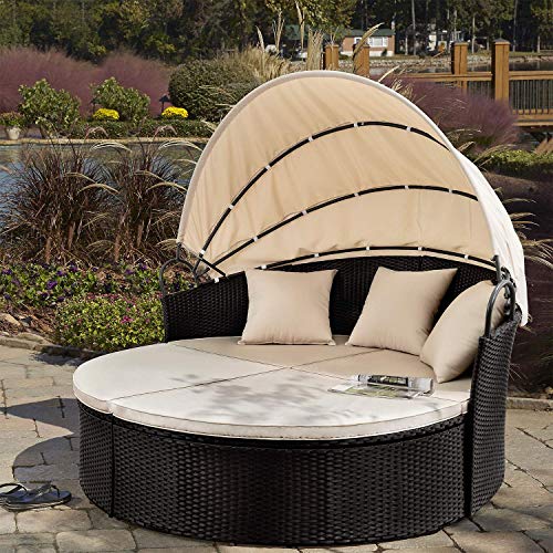 Devoko Patio Furniture Outdoor Round Daybed with Retractable Canopy Wicker Rattan Separated Seating Sectional Sofa for Patio Lawn Garden Backyard Porch Pool
