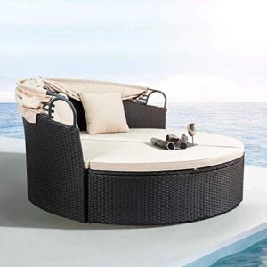 Devoko Patio Furniture Outdoor Round Daybed with Retractable Canopy Wicker Rattan Separated Seating Sectional Sofa for Patio Lawn Garden Backyard Porch Pool