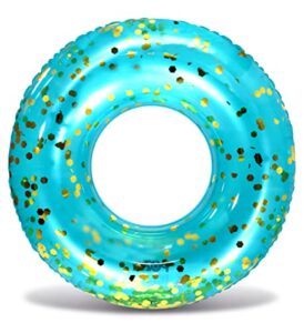 cota global inflatable blue gold pool float tube – luxurious fun lounger filled with sparkle gold confetti, cool blue gold design, water swimming ring pool floaties for beach and pool – 36 inches