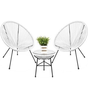 best choice products 3-piece outdoor acapulco all-weather patio conversation bistro set w/plastic rope, glass top table and 2 chairs – white