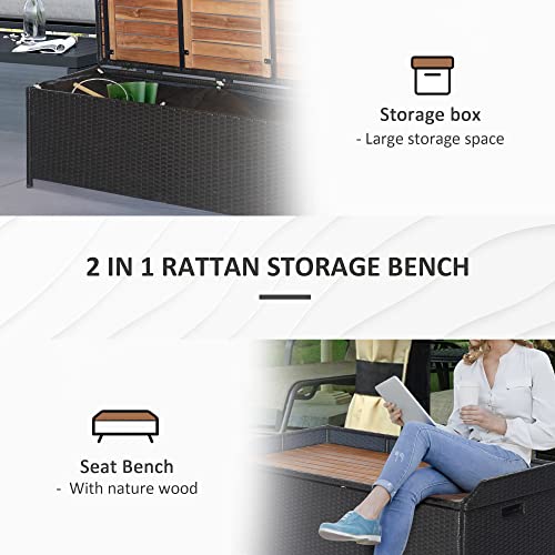 Outsunny Patio Wicker Storage Bench, Outdoor PE Rattan Patio Furniture, Air Strut Assisted Easy Open, 2-in-1 Large Capacity Rectangle Basket Box with Handles & Wooden Seat, Black