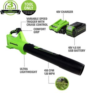 Greenworks 40V (120 MPH / 450 CFM) Cordless Axial Blower, 4Ah USB Battery (USB Hub) and Charger Included