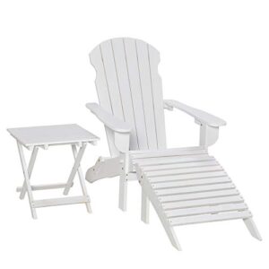 outsunny 3-piece folding adirondack chair with ottoman and side table, outdoor wooden fire pit chairs w/high-back, wide armrests for patio, backyard, garden, lawn furniture, white