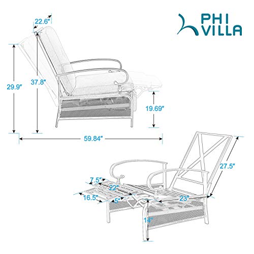 PHI VILLA Adjustable Patio Recliner Chair Metal Outdoor Lounge Chair with Removable Cushions Support 300lbs, Beige