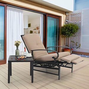 PHI VILLA Adjustable Patio Recliner Chair Metal Outdoor Lounge Chair with Removable Cushions Support 300lbs, Beige