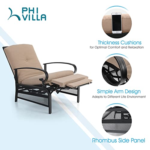 PHI VILLA Adjustable Patio Recliner Chair Metal Outdoor Lounge Chair with Removable Cushions Support 300lbs, Beige