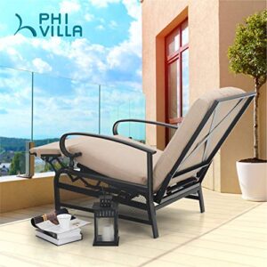 PHI VILLA Adjustable Patio Recliner Chair Metal Outdoor Lounge Chair with Removable Cushions Support 300lbs, Beige