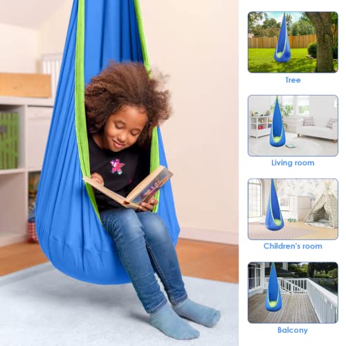 HITIK Kids Pod Swing Seat Holds Up to 300 LBS, Indoor Swing for Kids Hanging Hammock Chair with Upgraded Inflatable Cushion & All Accessories, Sensory Swing for Kids Indoor and Outdoor Use (Blue)