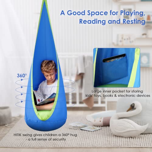 HITIK Kids Pod Swing Seat Holds Up to 300 LBS, Indoor Swing for Kids Hanging Hammock Chair with Upgraded Inflatable Cushion & All Accessories, Sensory Swing for Kids Indoor and Outdoor Use (Blue)