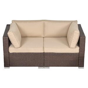 sunvivi outdoor patio loveseat, 2 piece wicker outdoor sectional couch with removable beige cushions, extra sofa furniture