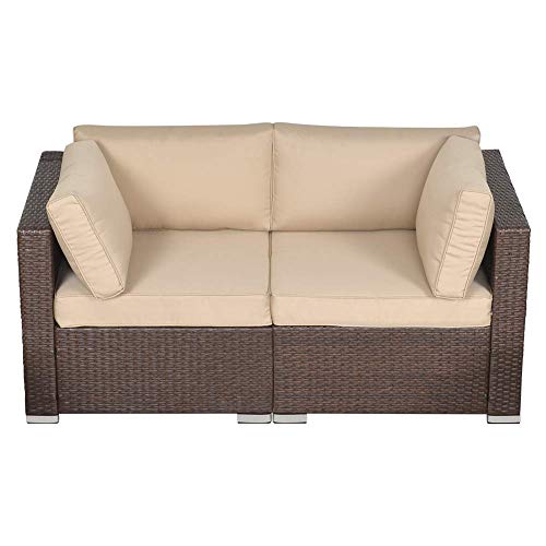 SUNVIVI OUTDOOR Patio Loveseat, 2 Piece Wicker Outdoor Sectional Couch with Removable Beige Cushions, Extra Sofa Furniture