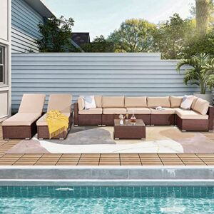 SUNVIVI OUTDOOR Patio Loveseat, 2 Piece Wicker Outdoor Sectional Couch with Removable Beige Cushions, Extra Sofa Furniture