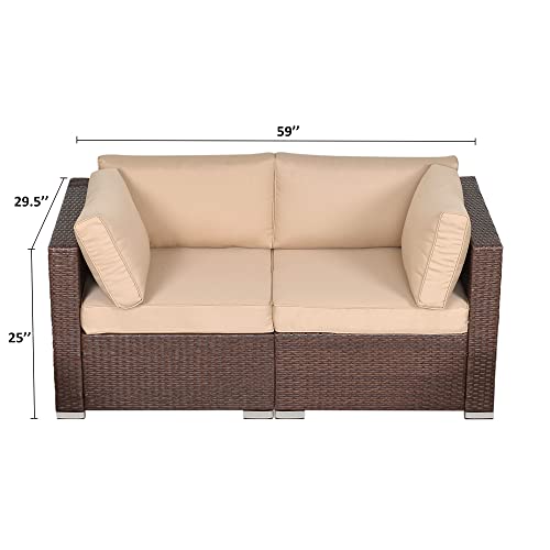 SUNVIVI OUTDOOR Patio Loveseat, 2 Piece Wicker Outdoor Sectional Couch with Removable Beige Cushions, Extra Sofa Furniture