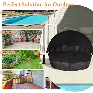 Tangkula Patio Round Daybed with Retractable Canopy, Outdoor Wicker Rattan Furniture Sets, Sectional Cushioned Sofa Set w/Height Adjustable Coffee Table, Rattan Conversation Sets (Black)
