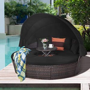 Tangkula Patio Round Daybed with Retractable Canopy, Outdoor Wicker Rattan Furniture Sets, Sectional Cushioned Sofa Set w/Height Adjustable Coffee Table, Rattan Conversation Sets (Black)
