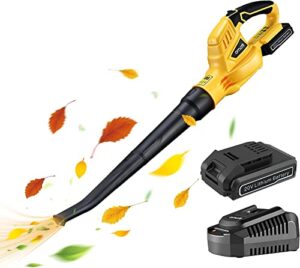 omote cordless leaf blower, 20v 2.0ah battery and charger included, low noise, lightweight leaf blower battery-operated with one button control, air blowers for lawn care, leaves and snow blowing
