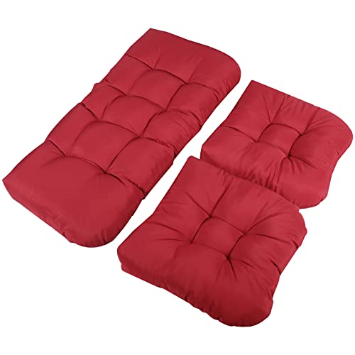 Stonehomy 3 Piece Wicker Patio Cushion Set, Outdoor Indoor Tufted Settee Cushion Set for Loveseat and Chairs/Coach/Bench/Patio Furniture/Crystal Velvet, Wine-Red