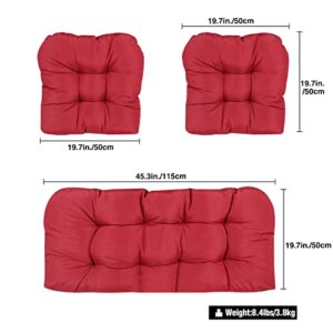 Stonehomy 3 Piece Wicker Patio Cushion Set, Outdoor Indoor Tufted Settee Cushion Set for Loveseat and Chairs/Coach/Bench/Patio Furniture/Crystal Velvet, Wine-Red