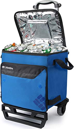 Columbia Crater Peak Wheeled Cooler - 50 Can Rolling Cooler - Blue Collapsible Cooler with Super Foam Insulation and Foldable All-Terrain Cart with Wheels