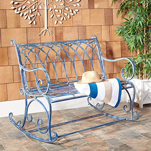 Safavieh Outdoor Collection Ressi Victorian Antique Patio Porch Entryway Backyard Rock Bench PAT5021C, Mossy Blue