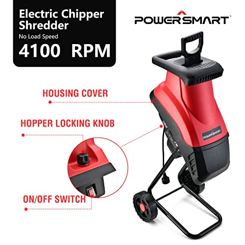 PowerSmart Corded Wood Chipper,15-Amp Electric Garden Chipper with Safety Locking Knob, Collection Bag